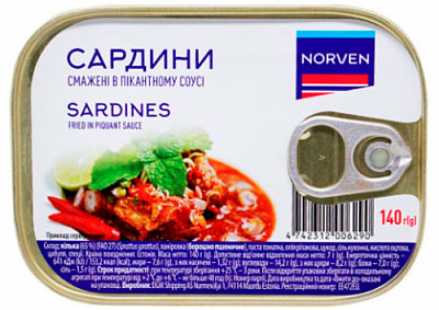 Сардини Norven у пікантному соусі смажені 140 г