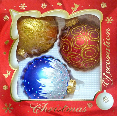 Набор елочных шаров с узорным рисунком 80 мм золото/красный/синий 80Dуз/3