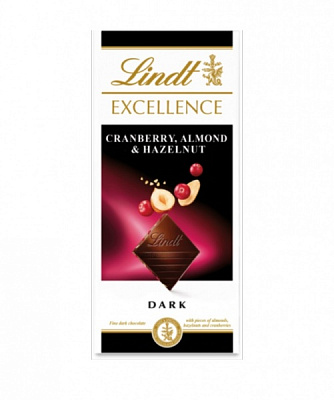 Шоколад LINDT Excellence черный с мигдалем, фундуком и клюквой
