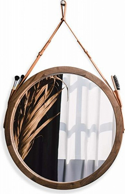 Дзеркало настінне SG Shiny DESERT D700 мм на шкіряному ремні в рамі горіх натуральний