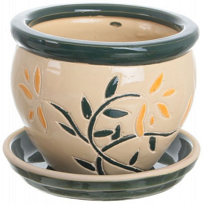 Горшок Viet Thanh Ceramic с блюдцем веточка 16х13 см VT.10051-3 круглый бежевый с зеленым 