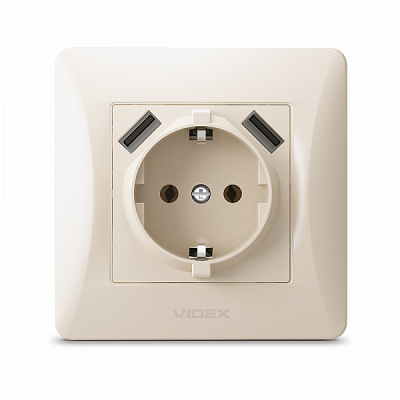 Розетка + USB із заземленням Videx Binera IP20 кремовий VF-BNSK1GU2-CR