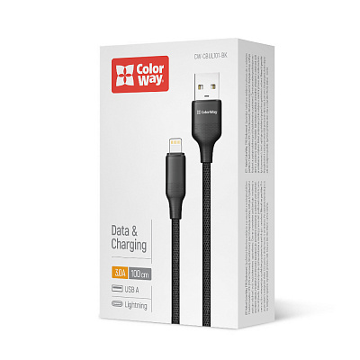 Дата-кабель ColorWay USB - Apple Lightning (TPE embossed) 3А 1 м black (CW-CBUL101-BK)