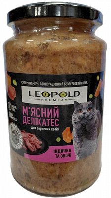 Консерва для дорослих котів Леопольд Premium беззерновий м'ясний делікатес індичка з овочами 400 г