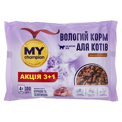 Корм влажный для котов Мій чемпіон кусочки с Курицей и Телятиной 4 х 100 г