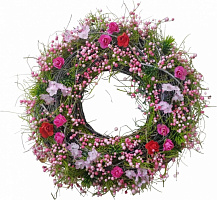 Вінок декоративний весняний з ягодами і квітами пінопл./гілки рожев. д.25 см