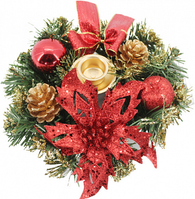 Венок-подсвечник Ротанговый с пуансеттией на 2 свечи W06-15A052 d150 мм 