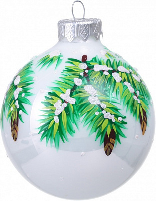 Шар новогодний сосновая ветвь с рисунком d 80 мм белый