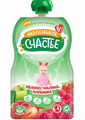 Пюре Маленькое счастье Яблоко-малина-клубника 90 г 4813163004701 