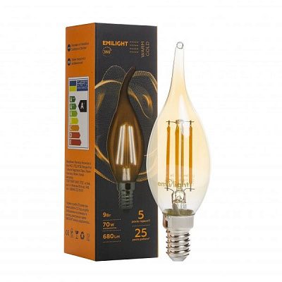Лампа светодиодная Emilight Gold CA35 9 Вт E14 3000 К 220 В прозрачная Filament C35-9W-3000K-E14-ТG п 