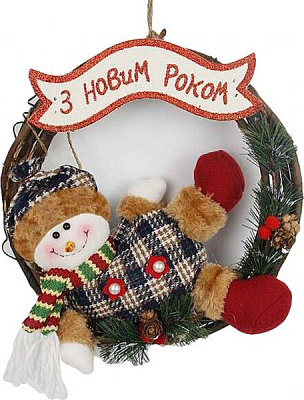 Декорация новогодняя Дед Мороз и снеговик на веночке с табличкой 25 см EPI-NC17-1354/1-3 