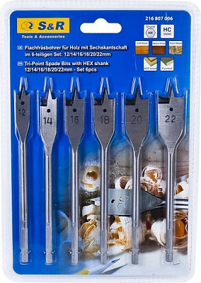 Набір свердел по дереву перових S&R Meister d12, 14, 16, 18, 20, 22 мм 6 шт. 216807006