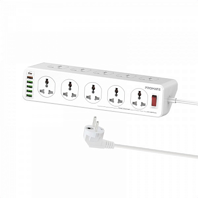 Сетевой фильтр Promate PowerMatrix-3M 10 розеток, 1хUSB-C PD, 1хUSB-A QC 3.0, 4хUSB-A с заземлением 10 гн. белый 3 м powermatrix-3m.eu 