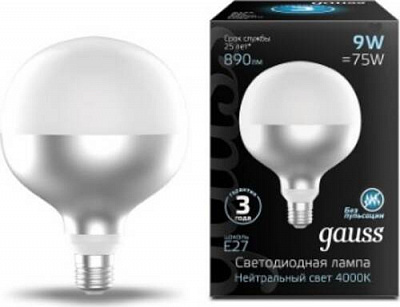 Лампа светодиодная Gauss Black FIL mirror-milky G125 9 Вт E27 4000 К 220 В матовая 1014802209 