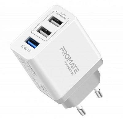 Зарядное устройство Promate TriPort-QC 30Вт USB QC3.0 + 2 USB White