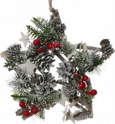 Новогодняя декорация с хвоей, шишками и ягодами 23 см