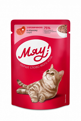 Корм влажный Мяу для взрослых кошек «С говядиной в нежном соусе» 85 г
