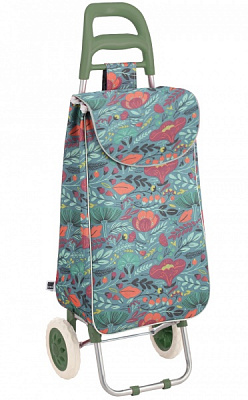 Тележка хозяйственная 33 л на колесах, пластик зеленый, рисунок Цветы