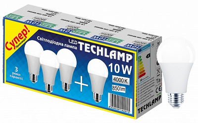 Лампа светодиодная Techlamp ПРОМО-ПАК 3+1 шт. 10 Вт A60 матовая E27 220 В 4000 К 