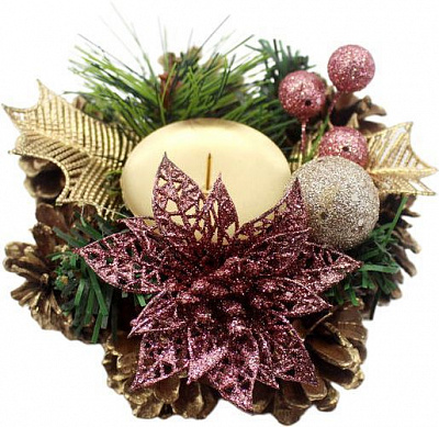 Декорация новогодняя Подсвечник одинарный с шишками хвоей шарами розовыми пуансетиями 15 см EPI-W01-1305/11 