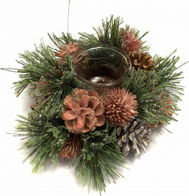 Подсвечник хвойный из шишек, сухоцветов пласт. коралл. 17Х9 см New Star