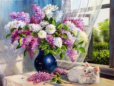 Набор для творчества со стразами на подрамнике Сирень и Барсик 30х40 см Діамантові ручки 