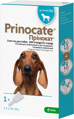 Капли KRKA от эндо/эктопаразитов для собак Prinocate вес 4-10 кг (за 1 п-тку 1мл 3 в уп)