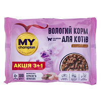 Корм влажный для котів Мій чемпіон кусочки с курицей и печенью 4 х 100 г