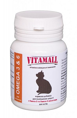 Витаминно-минеральный комплекс Vitamall для улучшения шерсти с Омега-3, 6 кислотами для котов 100 шт.