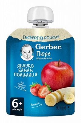 Пюре Gerber Яблоко, банан, клубника 6+ 90 г 