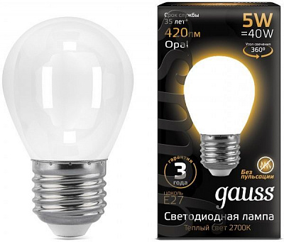 Лампа світлодіодна Gauss FIL OPAL G45 5 Вт E27 2700 К 150 В матова