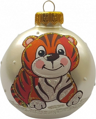 Шар стеклянный Юріта d 80 мм Символ года Тигр белый перламутровый