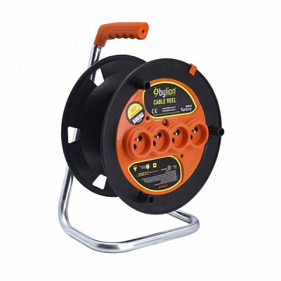 Котушка для подовжувача Bylion MK без кабеля із заземленням 4 гн. чорний із помаранчевим