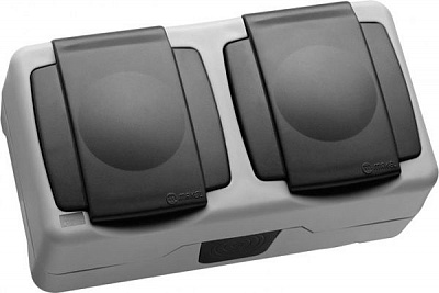 Розетка вологозахищена подвійна із заземленням Makel Nemliyer Plus без шторок з кришкою сірий 36064201