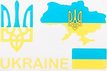 Набор шильд  флаг Украины, Украина с тризубец, тризубец сине-желтый, надпись «UKRAINE»