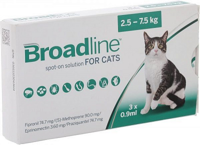 Средство Boehringer Ingelheim Бродлайн 2,5-7,5 кг от внутренних и наружных паразитов (за 1 п-тку, 3шт в уп.) 0,9 мл