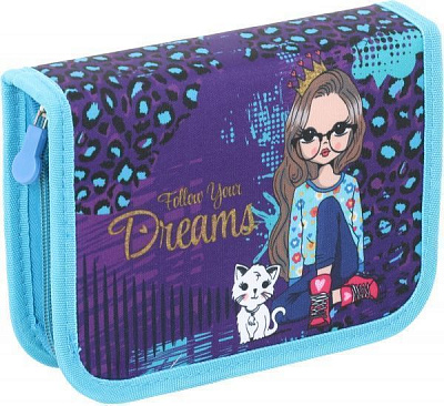 Пенал школьный Девочка голубой с рисунком