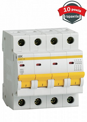 Автоматичний вимикач IEK ВА47-29 4Р 63А 4,5кА MVA20-4-063-C