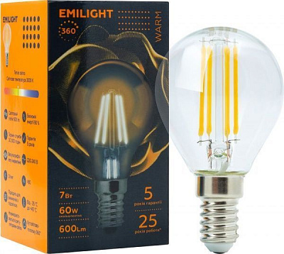 Лампа світлодіодна Emilight FIL G45 7 Вт E14 3000 К 220 В прозора
