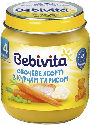 Пюре Bebivita Овочеве асорті з курчам та рисом 125 г