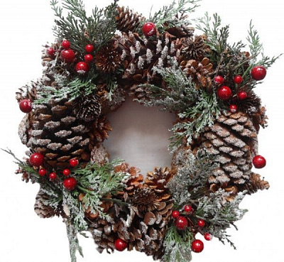 Венок-подсвечник с хвоей, ягодами, шишками и цветами d220 мм EPI-E5153076A-731-cup 