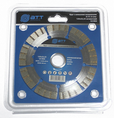 Диск алмазный отрезной A.T.T. S-Line 125x1,8x22,2 бетон, армированный бетон, тротуарная плитка, камень, кирпич