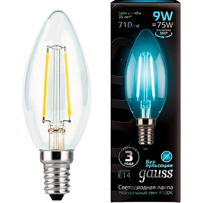 Лампа светодиодная Gauss Black FIL C37 9 Вт E14 4100 К 220 В прозрачная 
