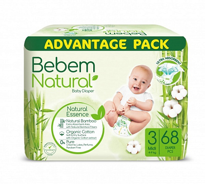 Подгузники BEBEM Natural 3 midi 4-9 кг 68 шт.