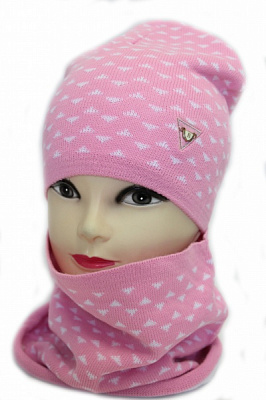 Комплект шапка + снуд для дівчаток Kraft+ р.52-54 рожевий із білим 1509