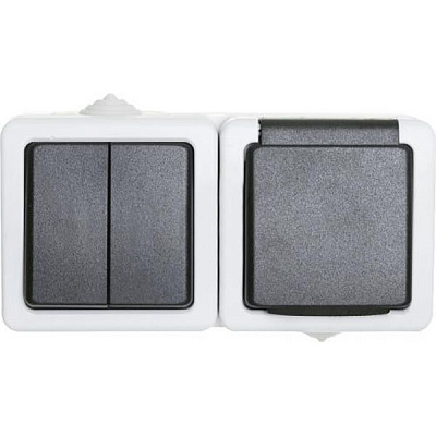 Розетка + вимикач вологозахищена із заземленням Титан зі шторками з кришкою білий 88625