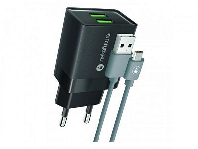 Зарядное устройство MakeFuture 2.4A 2USB Auto-ID Black + кабель MicroUSB MCWC-M22BK