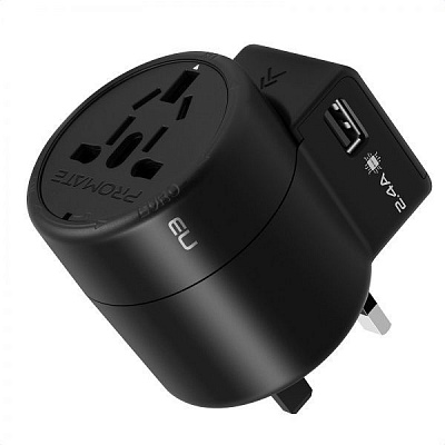 Універсальний адаптер Promate Twist EU/US/UK/AU to EU/US/UK/AU+2xUSB 12 Вт Black