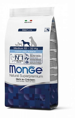 Корм Monge Dog Medium Puppy & Junior для цуценят середніх порід зі смаком курки та рису 800 г
