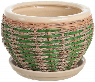 Горшок Viet Thanh Ceramic с блюдцем плетеный 23х16 см VT.11342-2 круглый бежевый с зеленым 